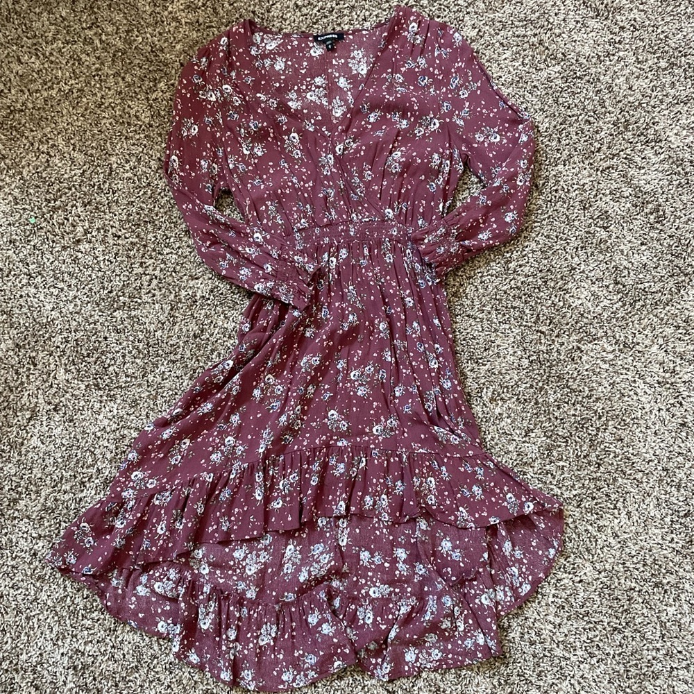 express burgundy floral longsleeve dress